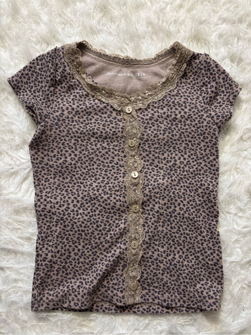 abercrombie kids Taupe Leopard Lace-Trim Button Tee